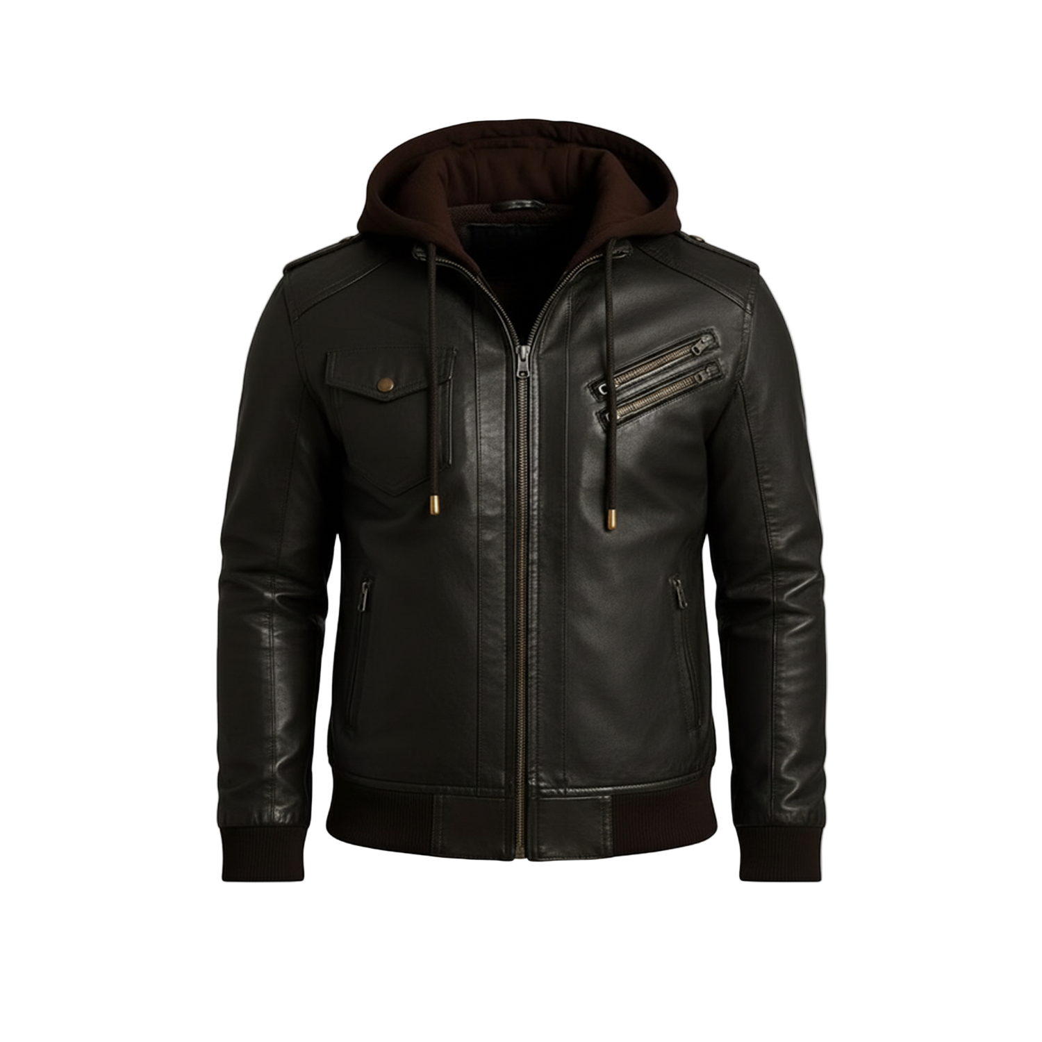 Black leather jacket with a hood on a white background