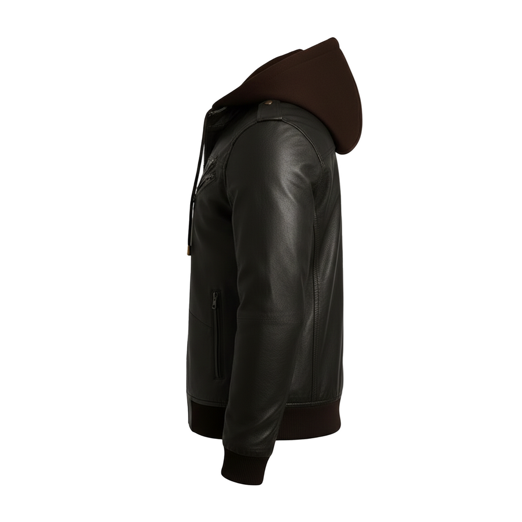 Black leather jacket with brown hood on a white background