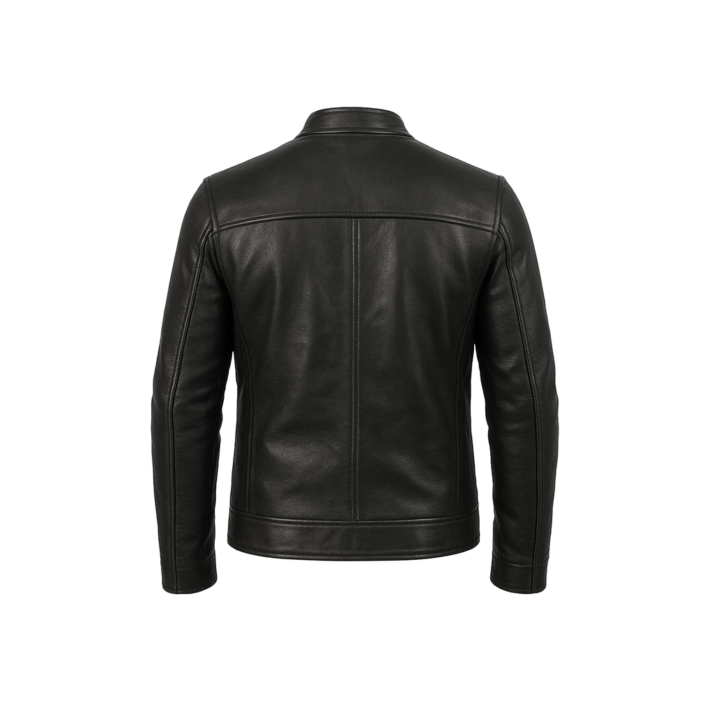 Men’s Ionic Black Leather Jacket back pose – slim fit genuine sheepskin biker jacket with zip closure and stand-up collar