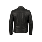 Men’s Ionic Black Leather Jacket back pose – slim fit genuine sheepskin biker jacket with zip closure and stand-up collar