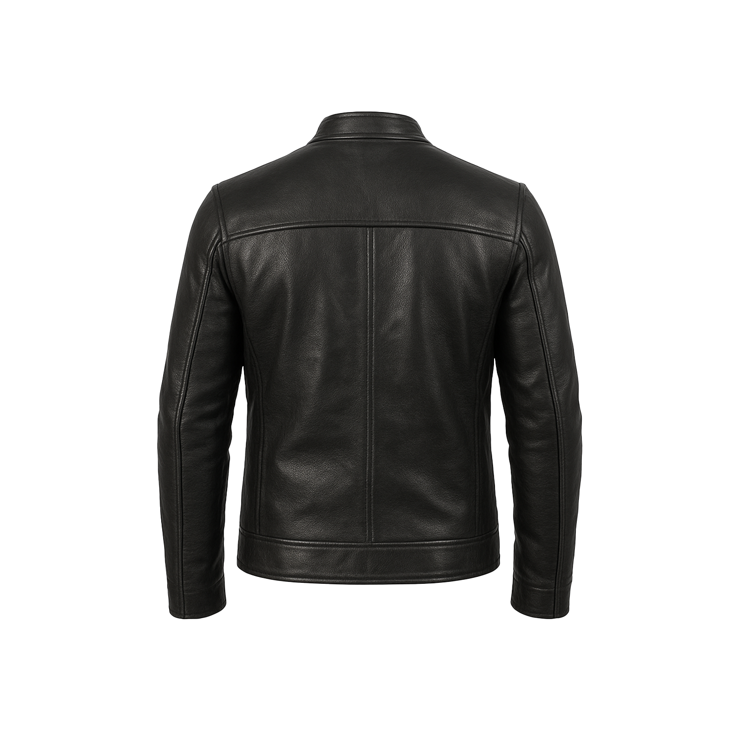 Men’s Ionic Black Leather Jacket back pose – slim fit genuine sheepskin biker jacket with zip closure and stand-up collar