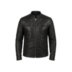 Men’s Ionic Black Leather Jacket front view – slim fit genuine sheepskin biker jacket with zip closure and stand-up collar