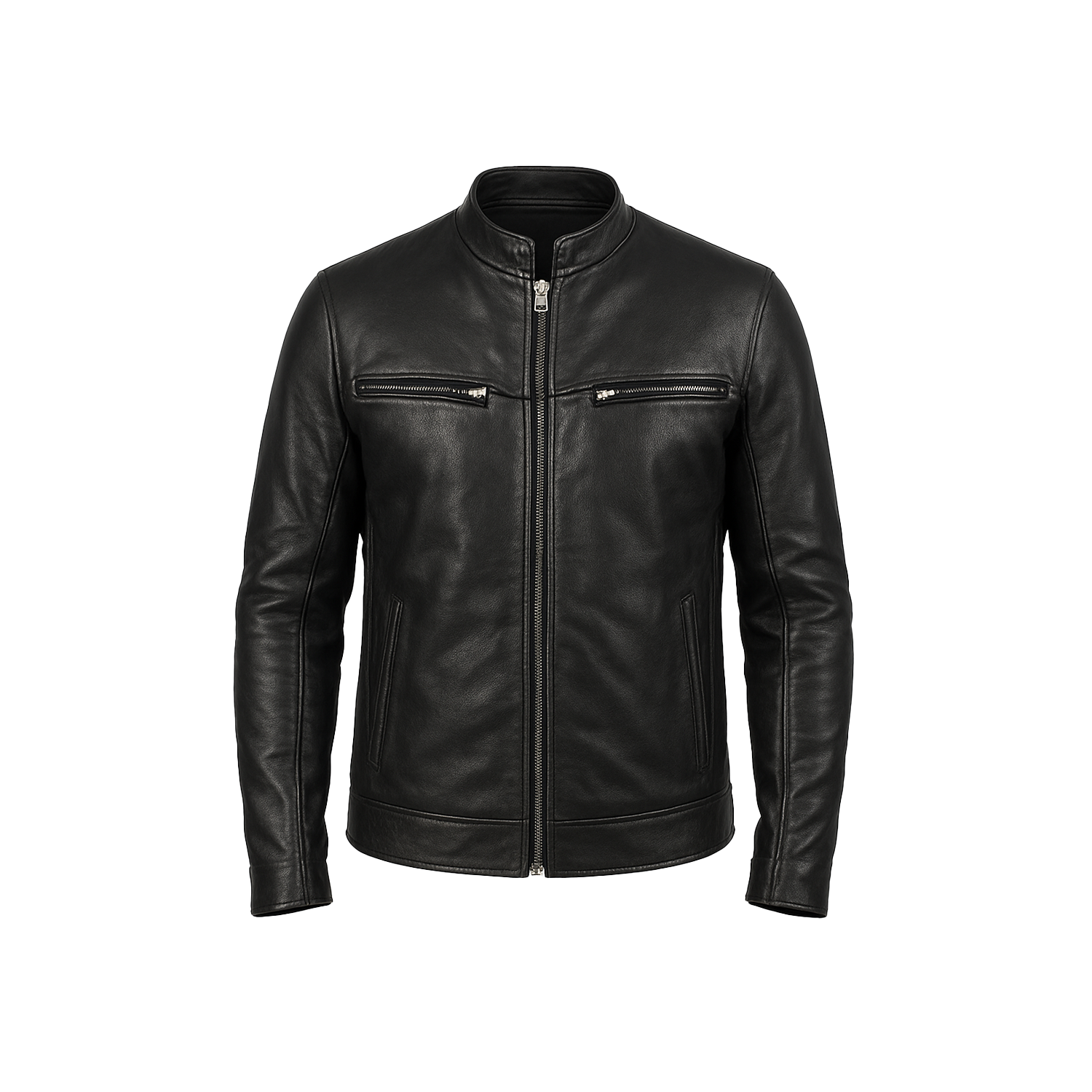 Men’s Ionic Black Leather Jacket front view – slim fit genuine sheepskin biker jacket with zip closure and stand-up collar