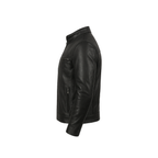 Men’s Ionic Black Leather Jacket side pose – slim fit genuine sheepskin biker jacket with zip closure and stand-up collar