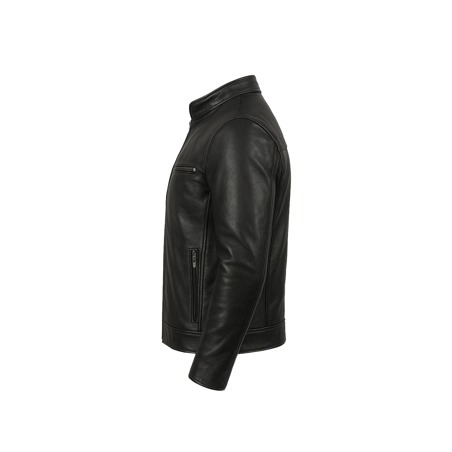 Men’s Ionic Black Leather Jacket side pose – slim fit genuine sheepskin biker jacket with zip closure and stand-up collar