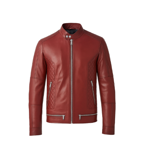 Red leather jacket with quilted design on a white background