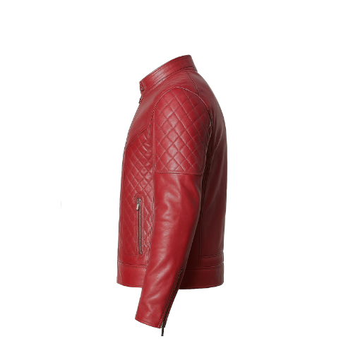 Red leather jacket with quilted pattern on a white background