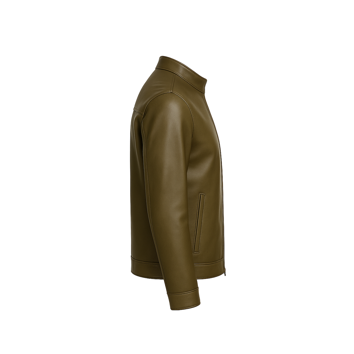 Side view of a brown leather jacket on a white background