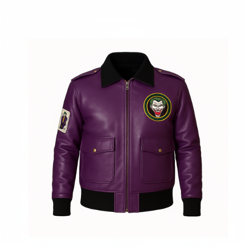 Purple leather jacket with a logo on a white background