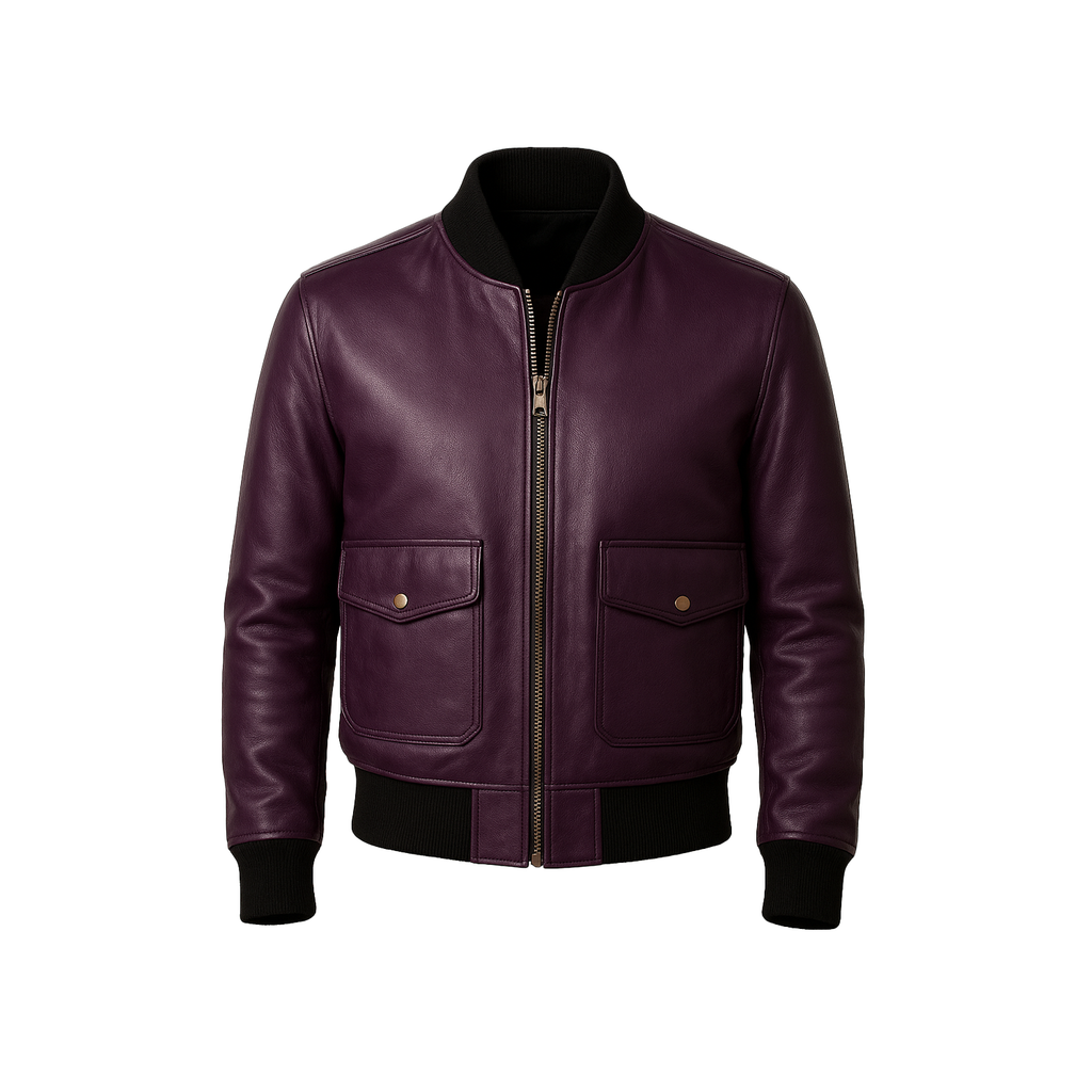 Purple leather jacket with black trim on a white background