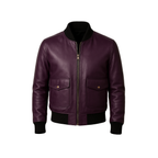 Purple leather jacket with black trim on a white background
