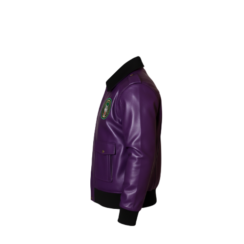 Purple leather jacket with a green logo on a white background