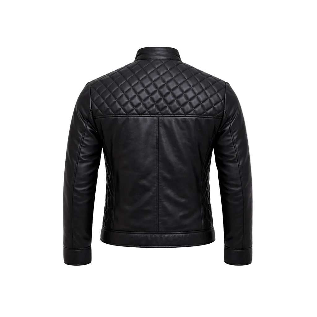 Men's leather jacket quilted diamond stitch biker jacket black