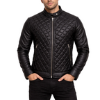 Men's leather jacket quilted diamond stitch biker jacket black
