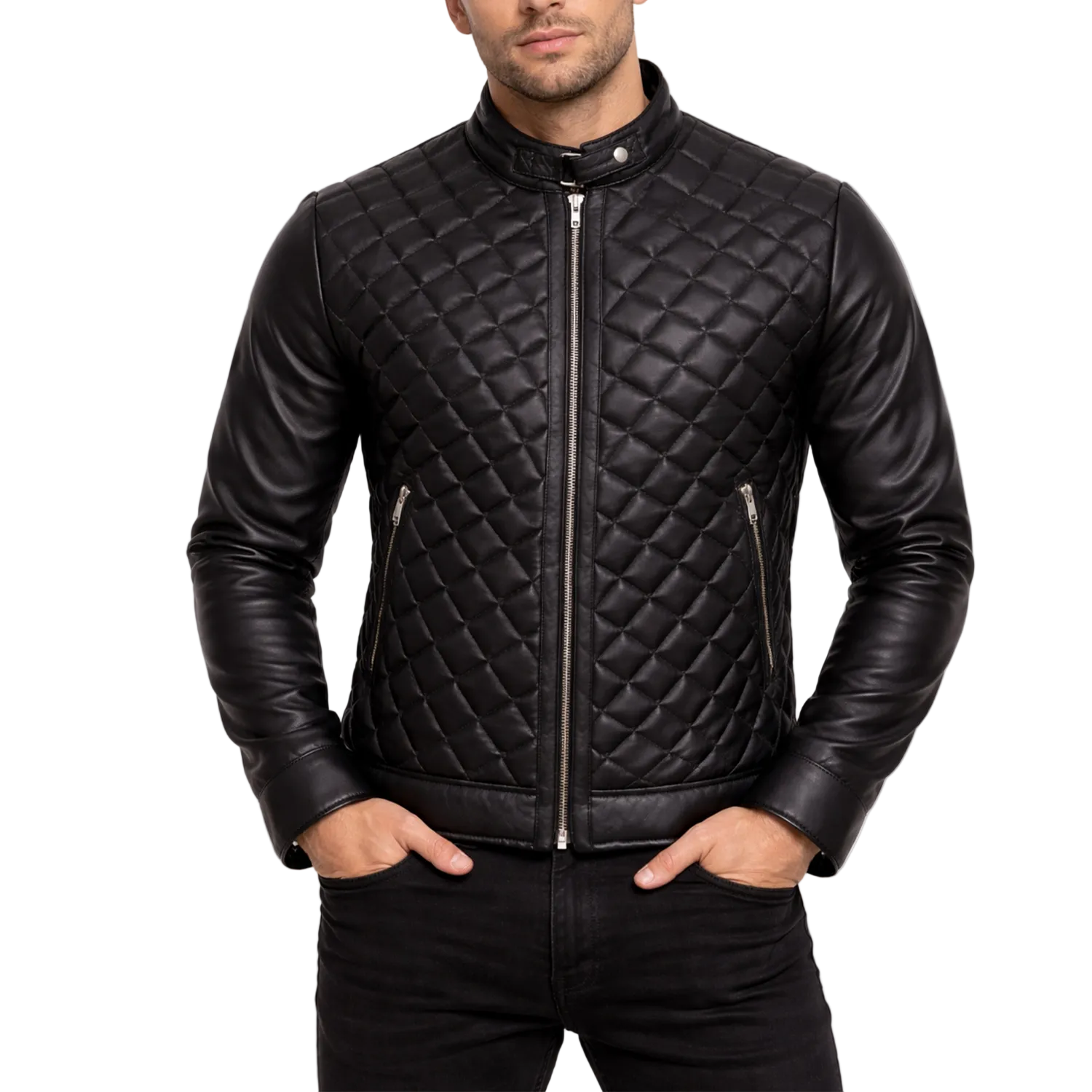 Men's leather jacket quilted diamond stitch biker jacket black