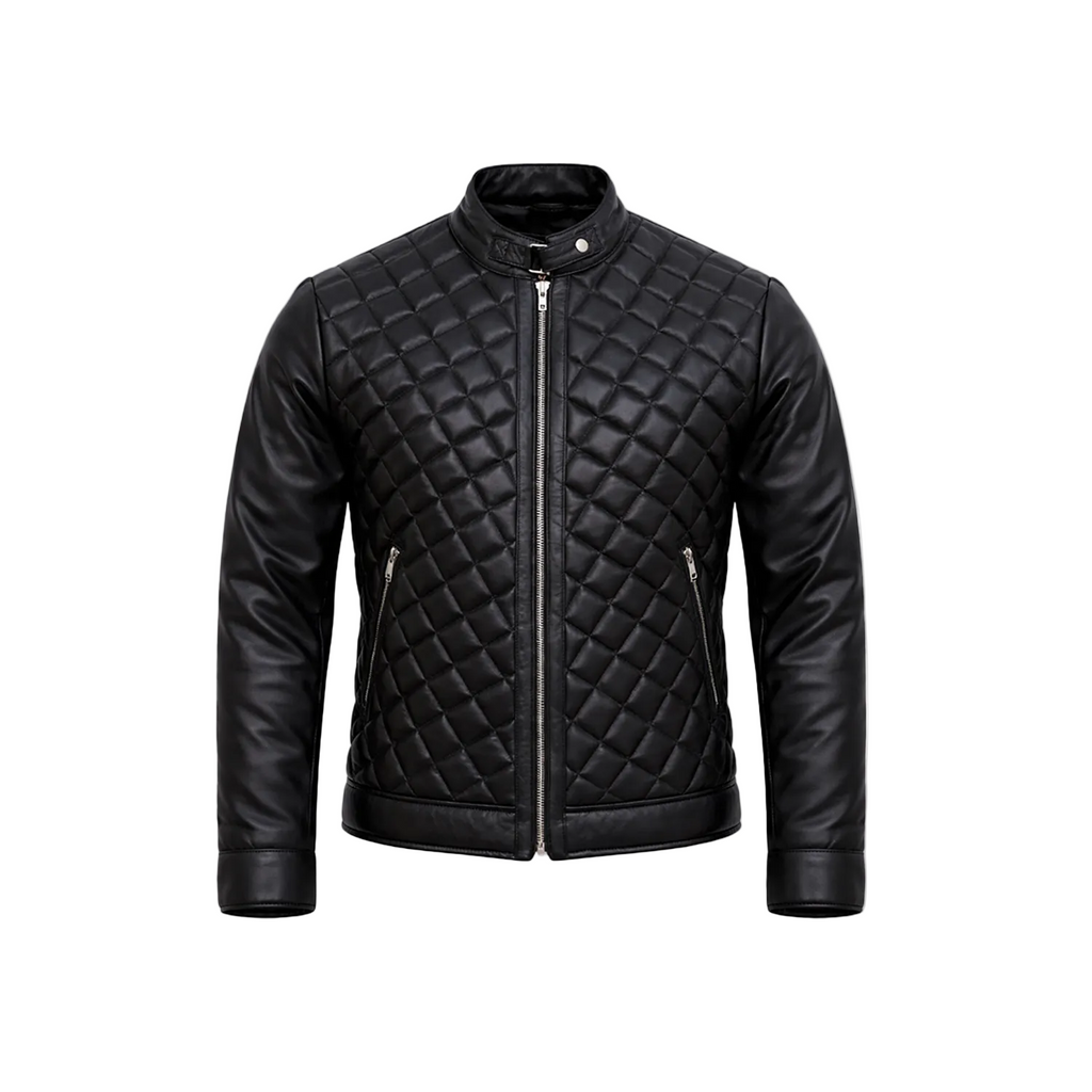Men's leather jacket quilted diamond stitch biker jacket black
