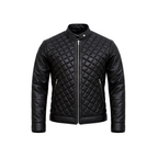 Men's leather jacket quilted diamond stitch biker jacket black