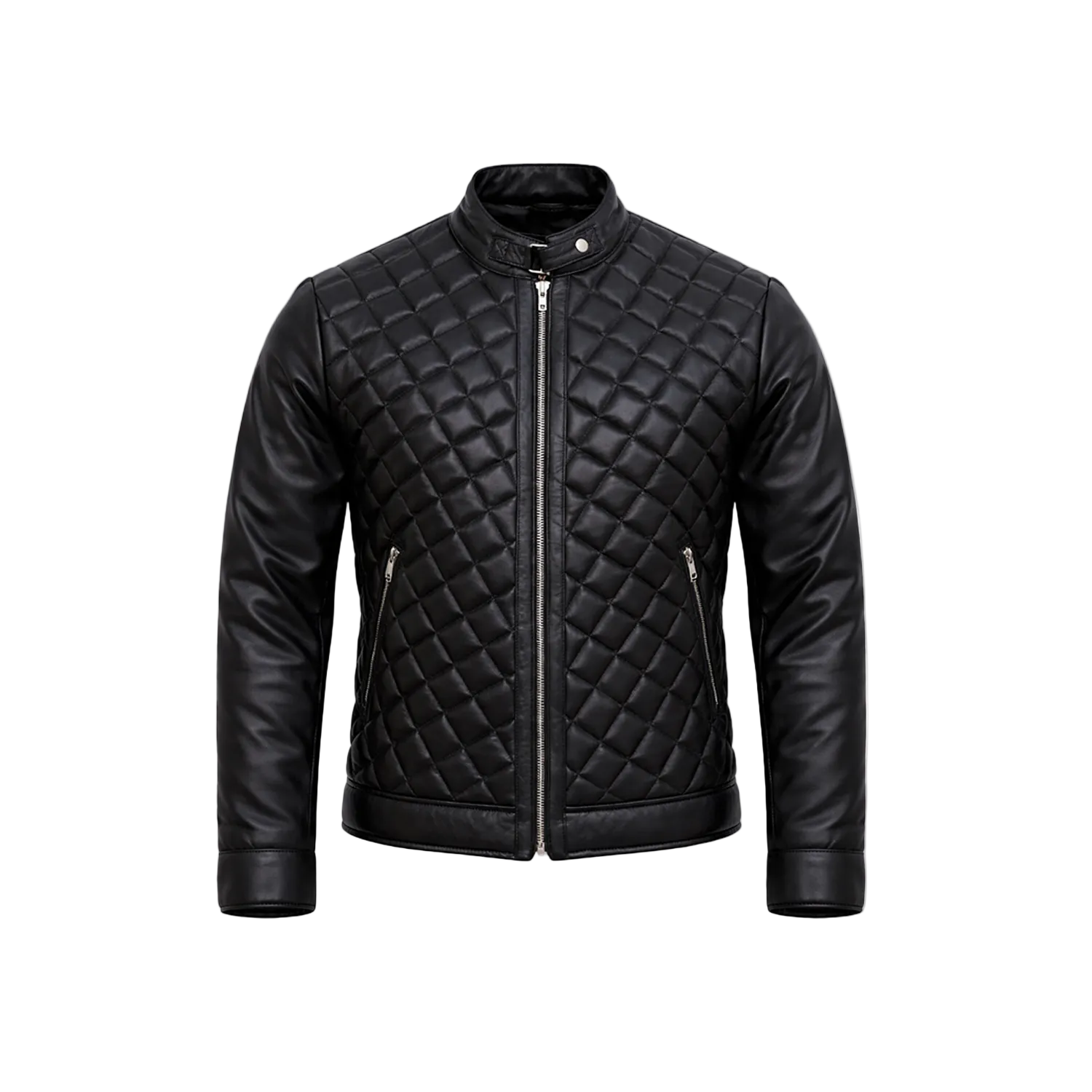 Men's leather jacket quilted diamond stitch biker jacket black