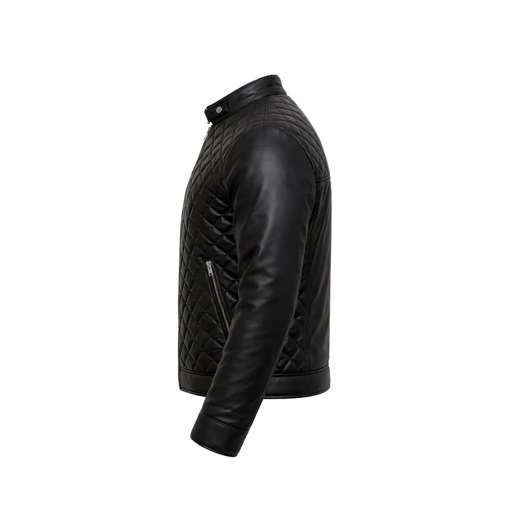 Men's leather jacket quilted diamond stitch biker jacket black