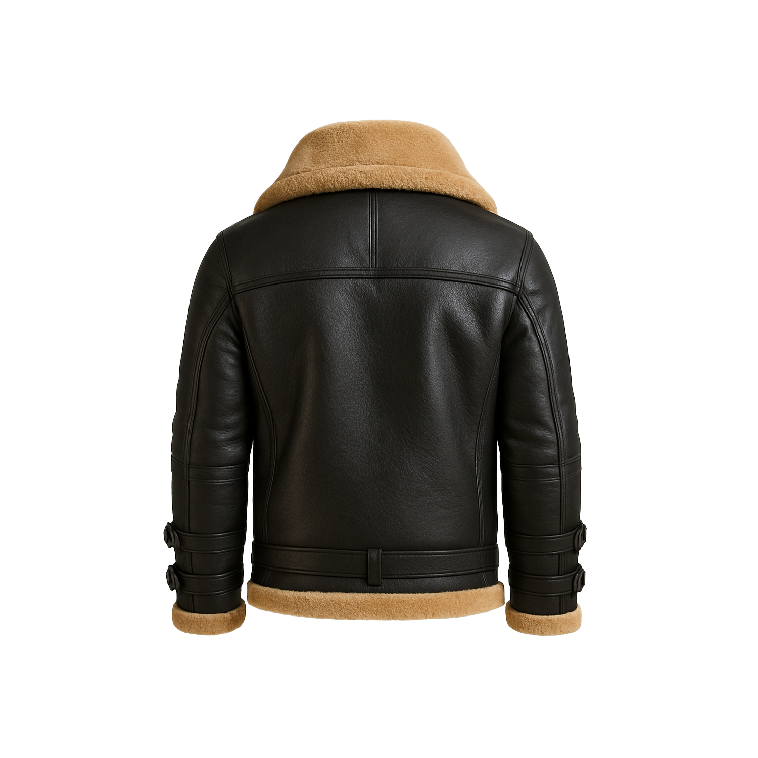 Black leather jacket with brown shearling collar and cuffs on a white background