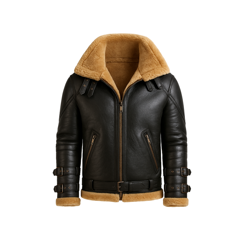Black leather jacket with brown shearling collar and cuffs on a white background