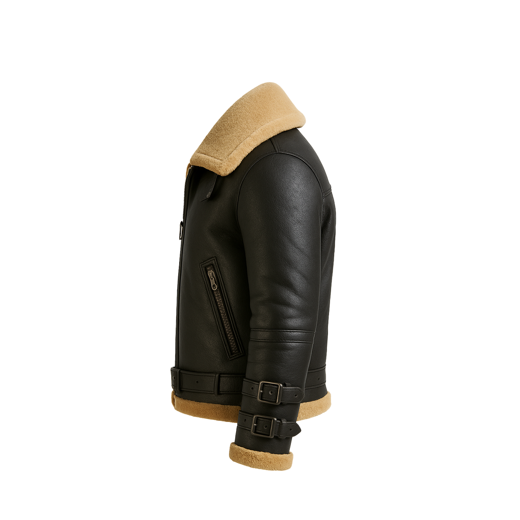 Black leather jacket with beige shearling collar and cuffs on a white background