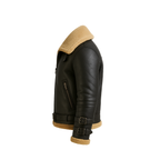 Black leather jacket with beige shearling collar and cuffs on a white background