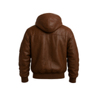 Brown leather hoodie on a white background with a brand logo.