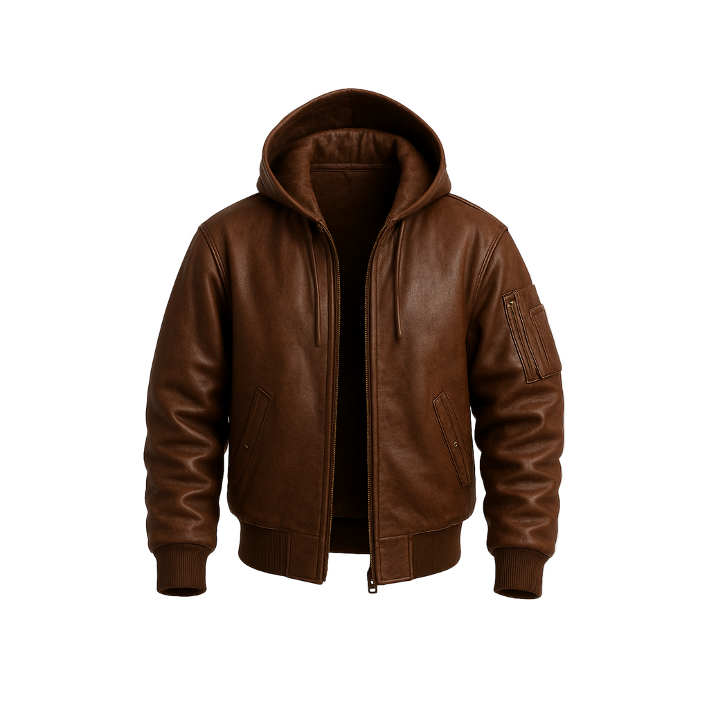 Brown leather jacket with a hood on a white background