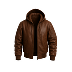 Brown leather jacket with a hood on a white background
