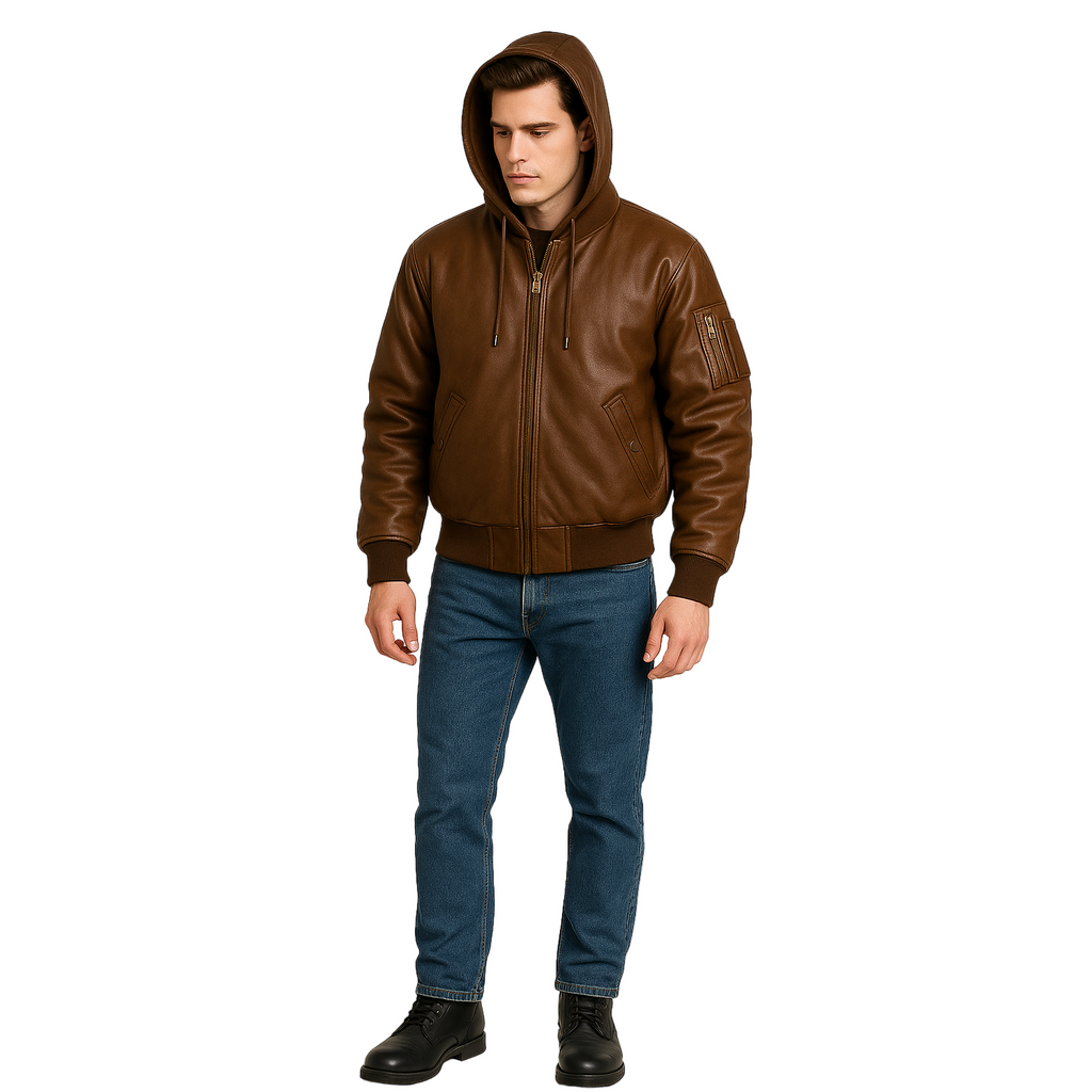Man wearing a brown leather jacket and blue jeans on a white background