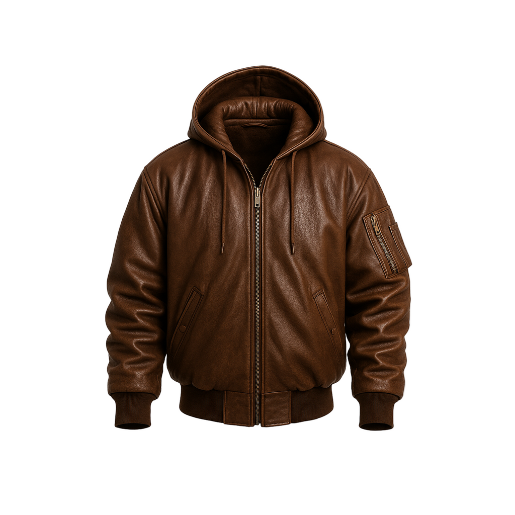 Brown leather jacket with a hood on a white background