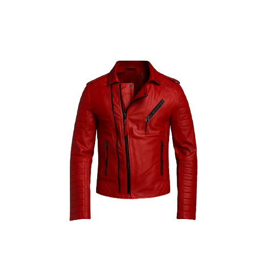 Red leather jacket with black zipper details on a white background