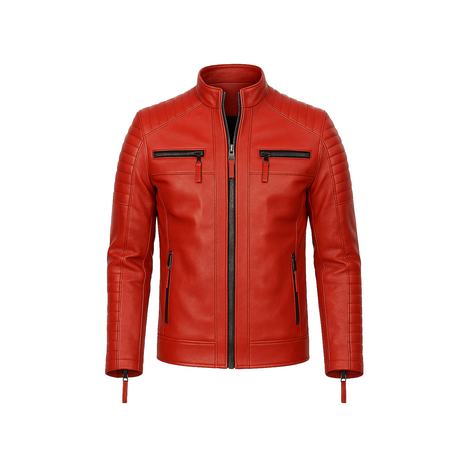 Red leather jacket with black zipper on a white background