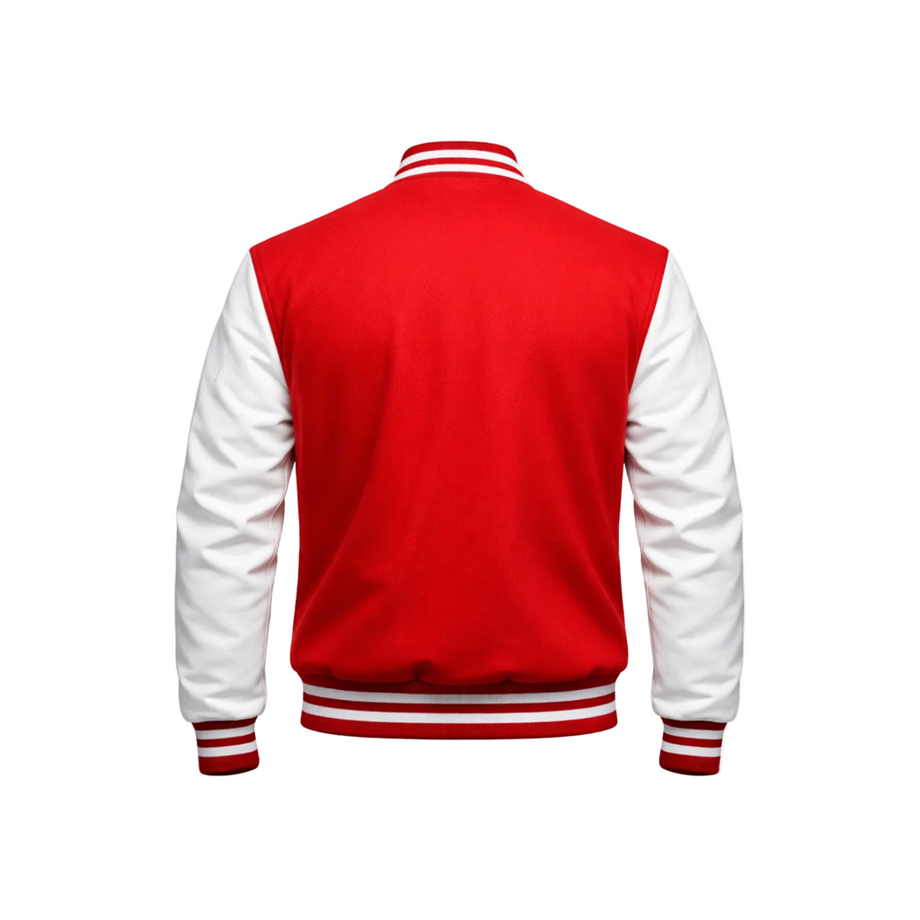 Red and white varsity jacket on a white background with a brand logo.