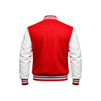Red and white varsity jacket on a white background with a brand logo.