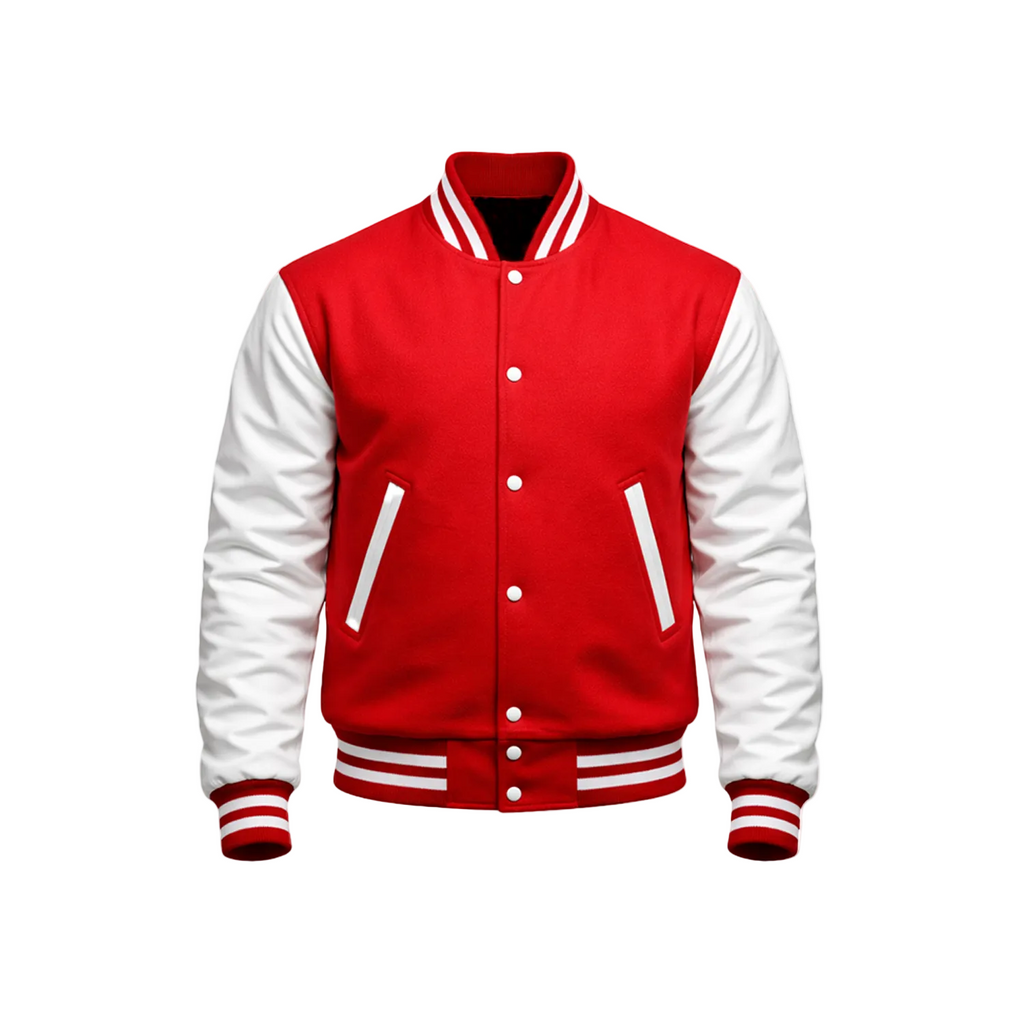 Red and white varsity jacket on a white background with a brand logo.