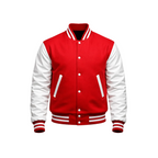 Red and white varsity jacket on a white background with a brand logo.