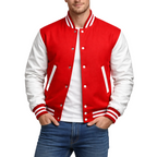 Red and white varsity jacket worn by a person on a white background