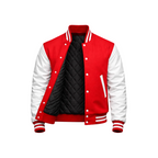 Red and white varsity jacket with black quilted lining on a white background
