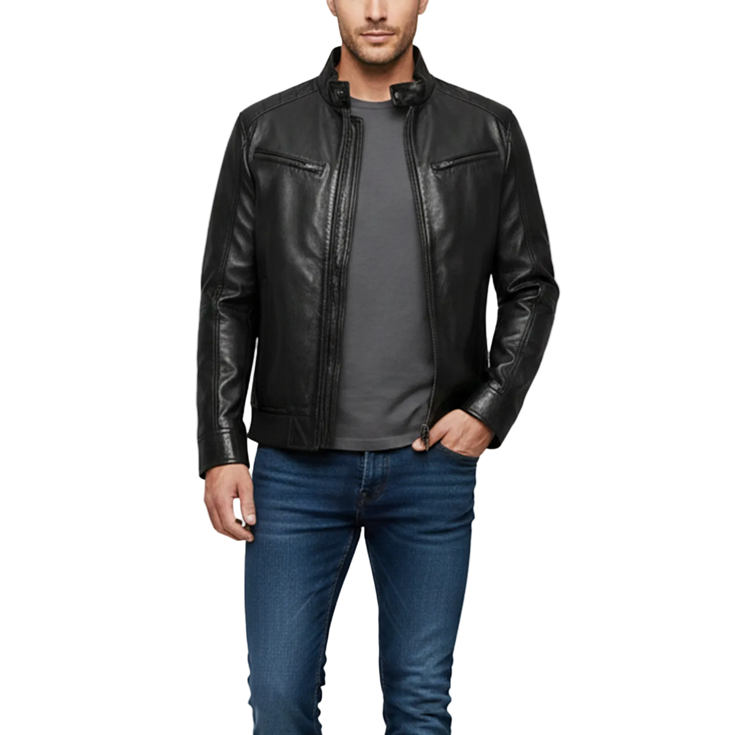 Man wearing a black leather jacket and blue jeans on a white background