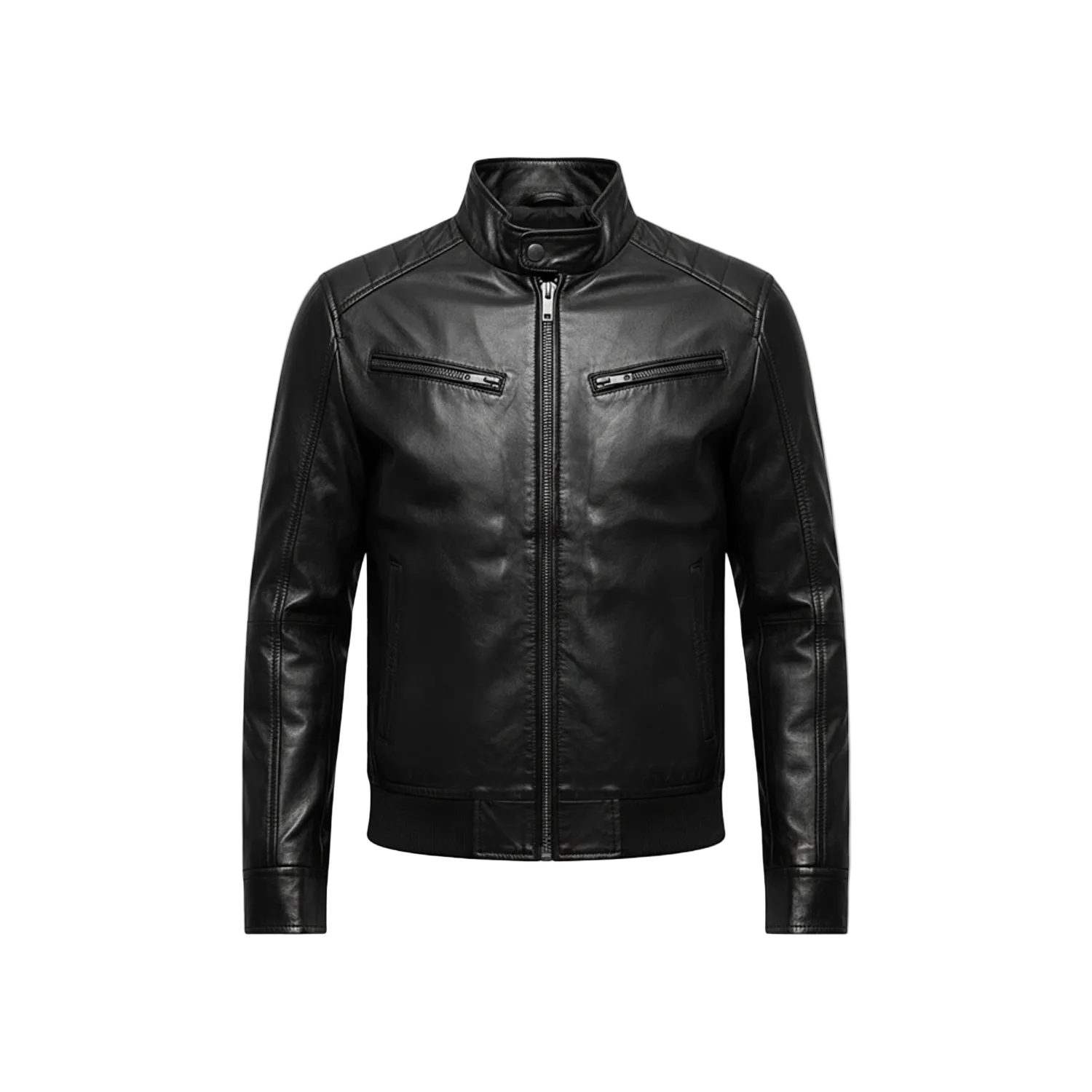 Black leather jacket on a white background with a brand logo.