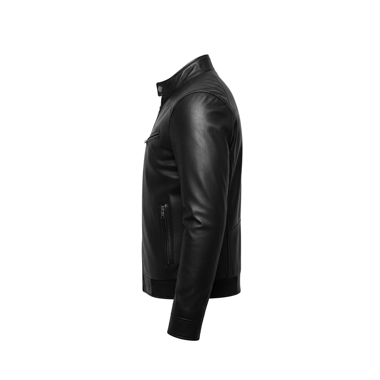 Black leather jacket on a white background with a brand logo.