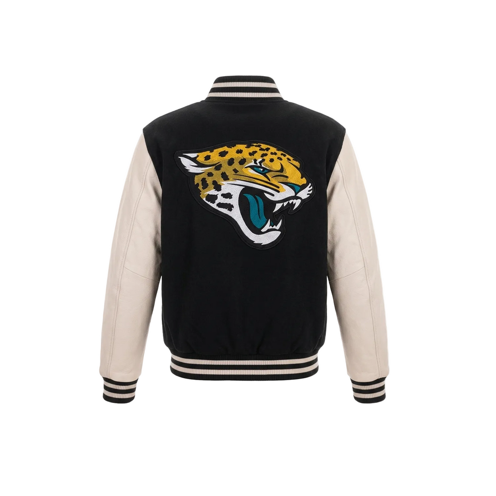 Black and beige letterman jacket with a logo on the back, on a white background.