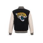 Black and beige letterman jacket with a logo on the back, on a white background.