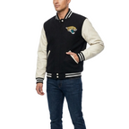 Man wearing a black and beige letterman jacket with a logo on a white background