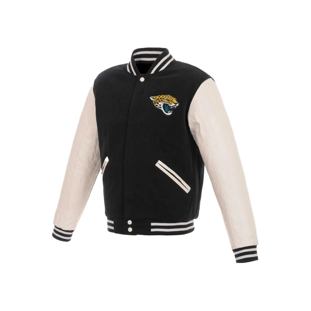 Black and beige varsity jacket with a logo on a white background