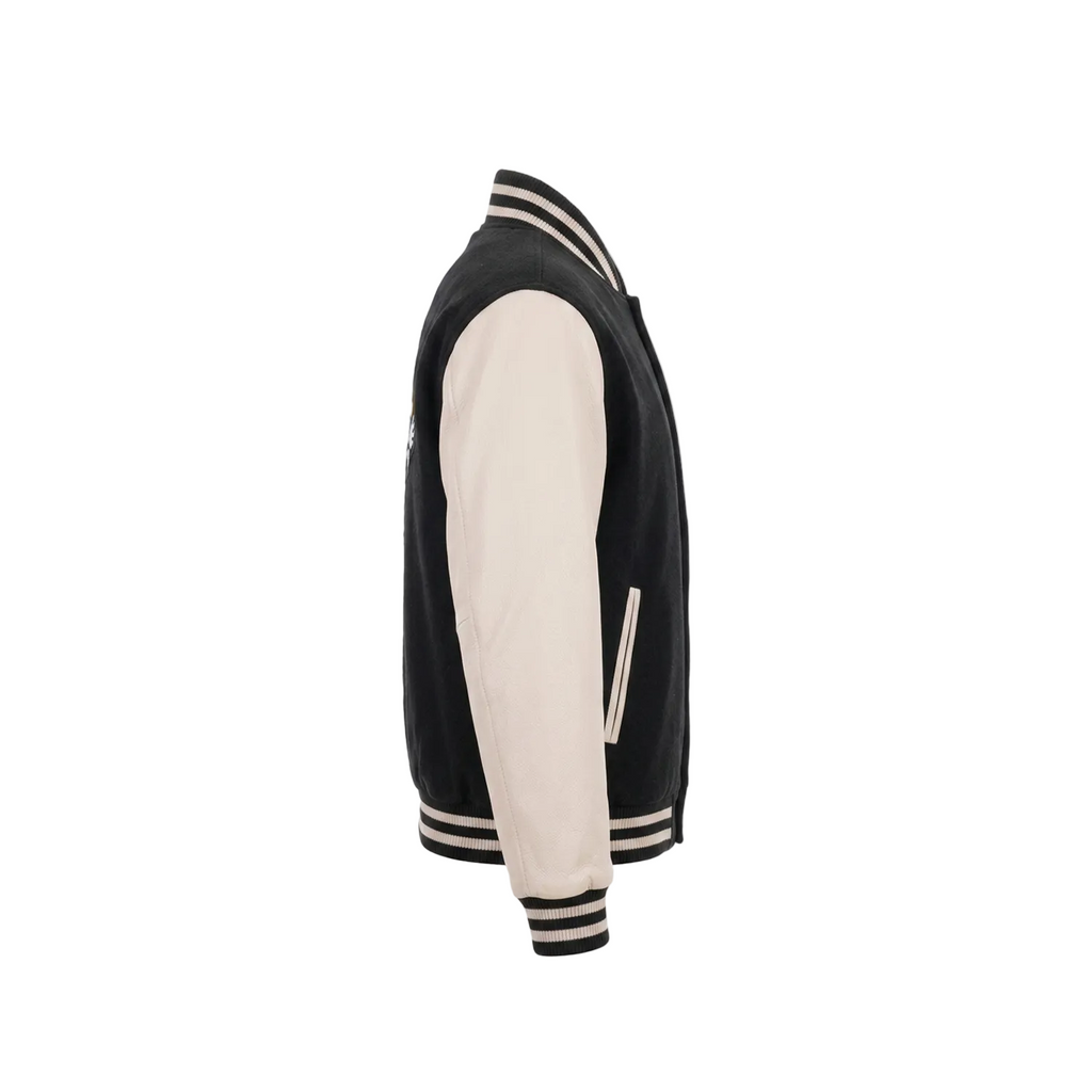 Black and beige varsity jacket on a white background with brand logo.