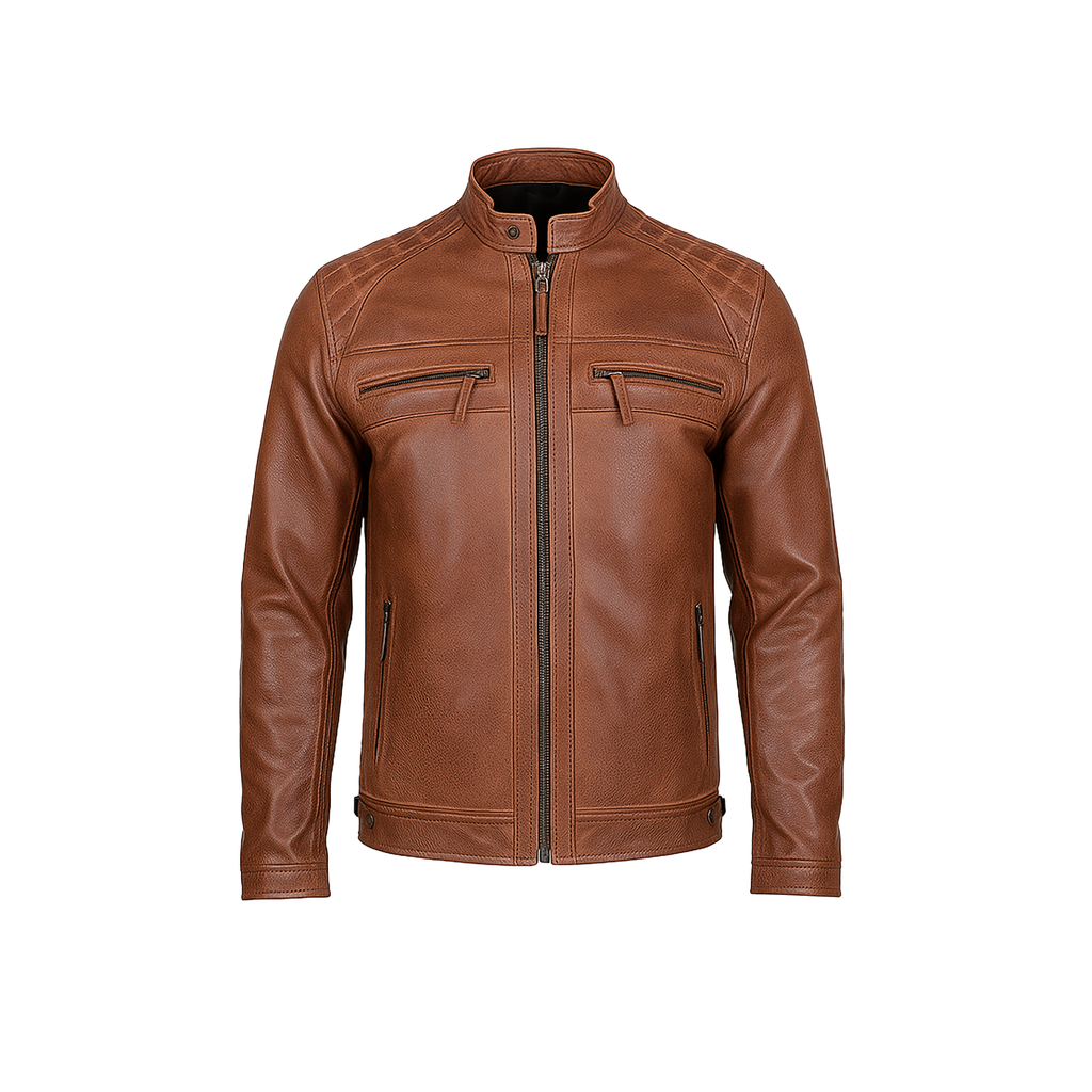 Brown leather jacket on a white background