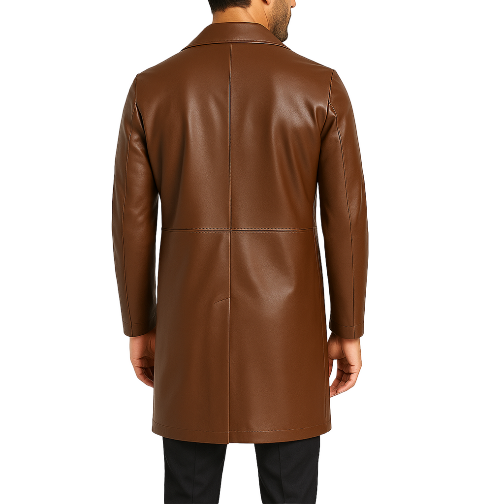 Brown leather coat on a white background with a brand logo.
